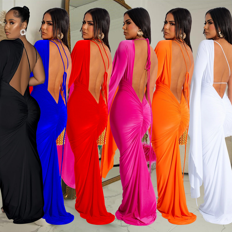 Abito da donna con gonna lunga senza schienale in tinta unita con maniche a spalla singola_voghion.com