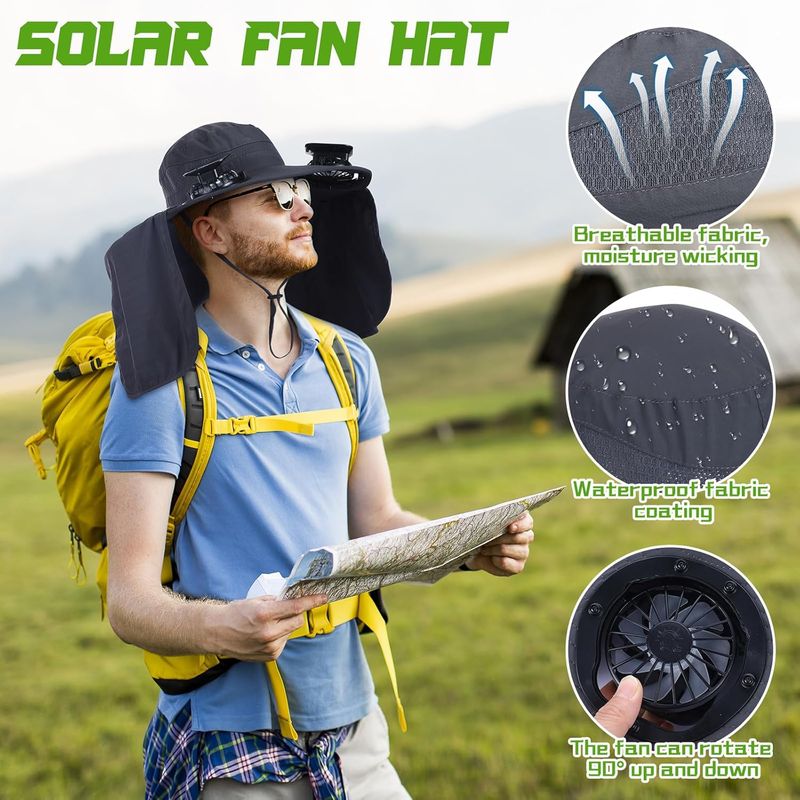 Cappello da pescatore a tesa larga Chuarry con 2 ventole, alimentato a energia solare, con ricarica USB e patta per il collo, per uomo e donna_voghion.com