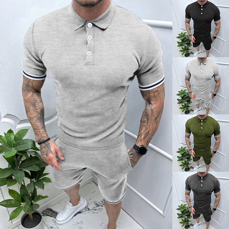 Herrenbekleidung Sommer Herren Kurzarm Shorts Zweiteiliger Revers T-Shirt Anzug Herren_voghion.com