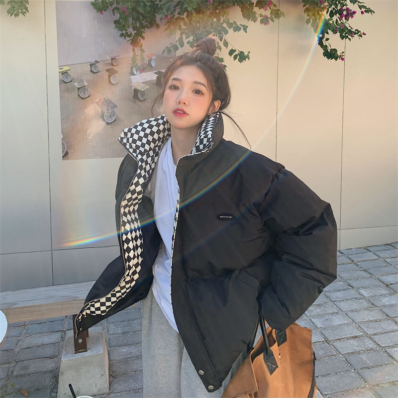 Women’s Oversized Checkerboard Puffer Jacket – Thick Cotton Quilted Coat With Stand Collar (Black, Coffee, S-XXL)_voghion.com