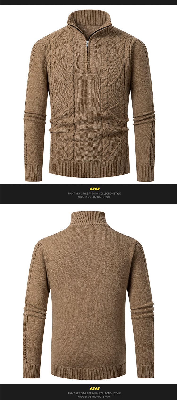 Maglione casual a maniche lunghe con mezza zip, in maglia lavorata a trecce, da uomo, per l'inverno (nero, grigio scuro, caffè, cachi)_voghion.com
