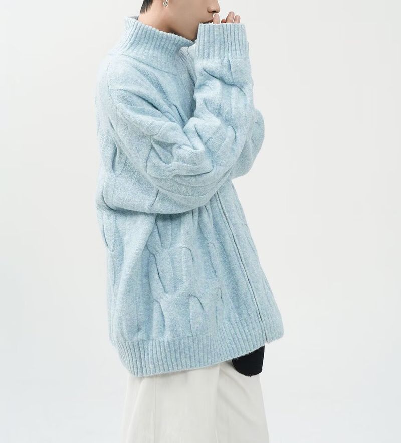 Maglione semi-dolcevita da uomo - Cardigan oversize in maglia a trecce con tessuto elasticizzato traspirante, abbigliamento unisex per l'autunno (nero/kaki/blu)_voghion.com