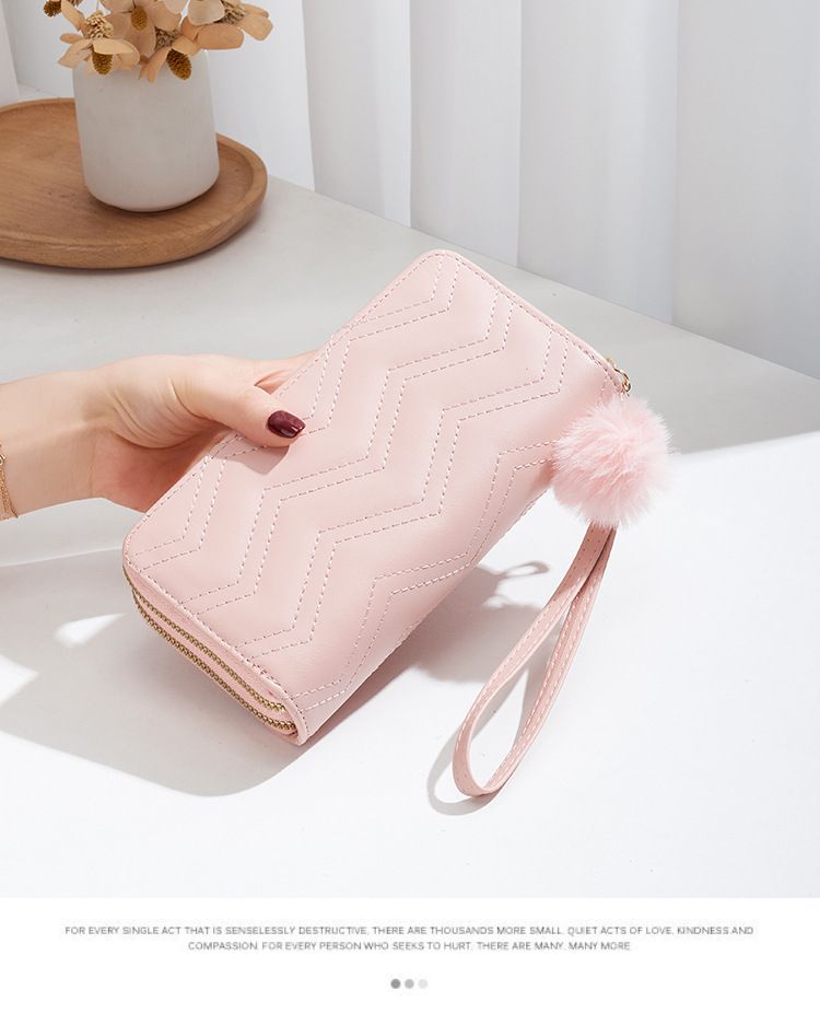 Women's Embroidered Long Wallet - Double Zipper Card Holder With Wristlet Strap & Detachable Pom Pom (Wave Pattern Design)_voghion.com