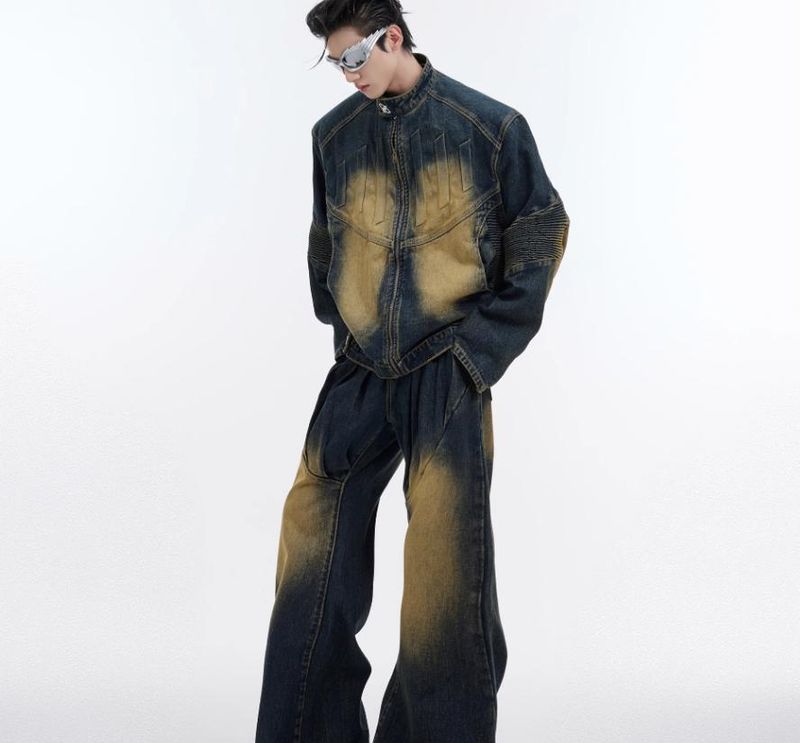 Men's Clothing Special Offer Heavy Retro Distressed Deconstructed Denim Suit Three Dimensional Relief Design Jacket Coat Men Trend_voghion.com