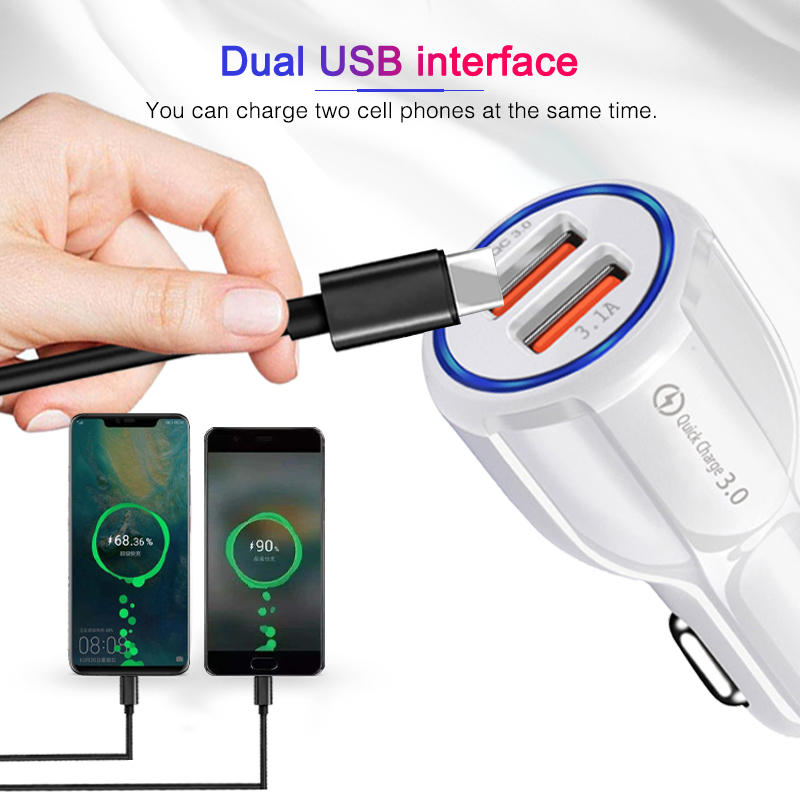 Kettős USB QC 3.0 autós töltő gyors töltés 3.0 telefontöltő autós gyorstöltő 2 portos USB hordozható töltő iPhone Xiaomi Samsung OPPO Vivo készülékekhez_voghion.com