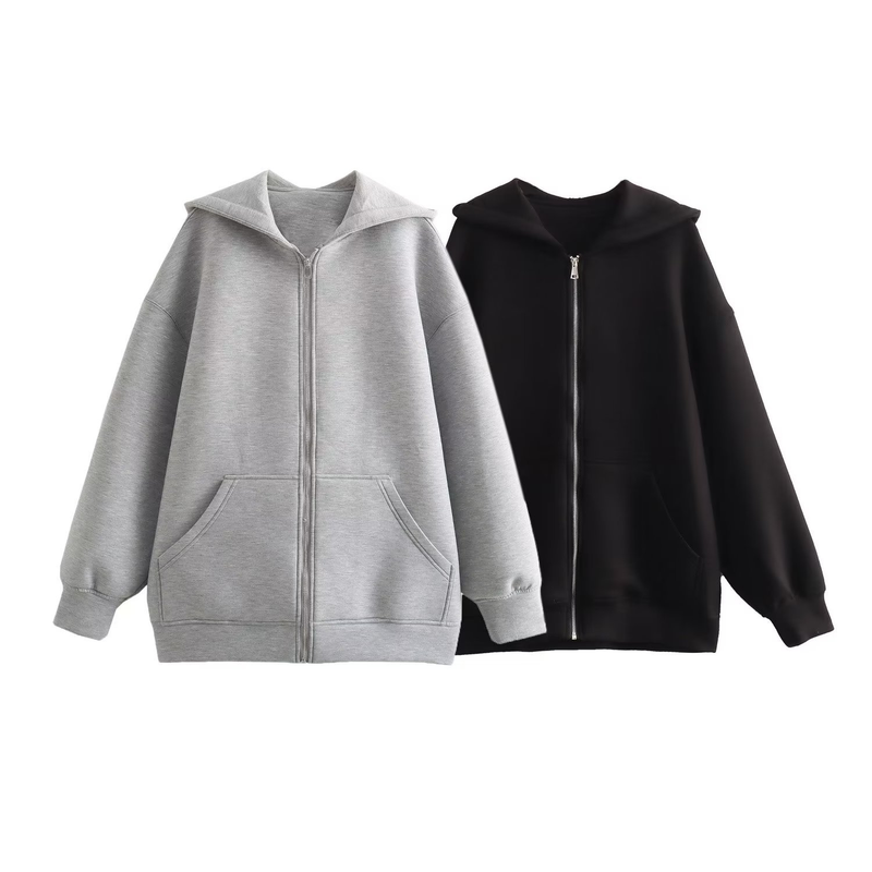 Kadın kapşonlu uzun uzay pamuklu ceket bol hırka sweatshirt_voghion.com