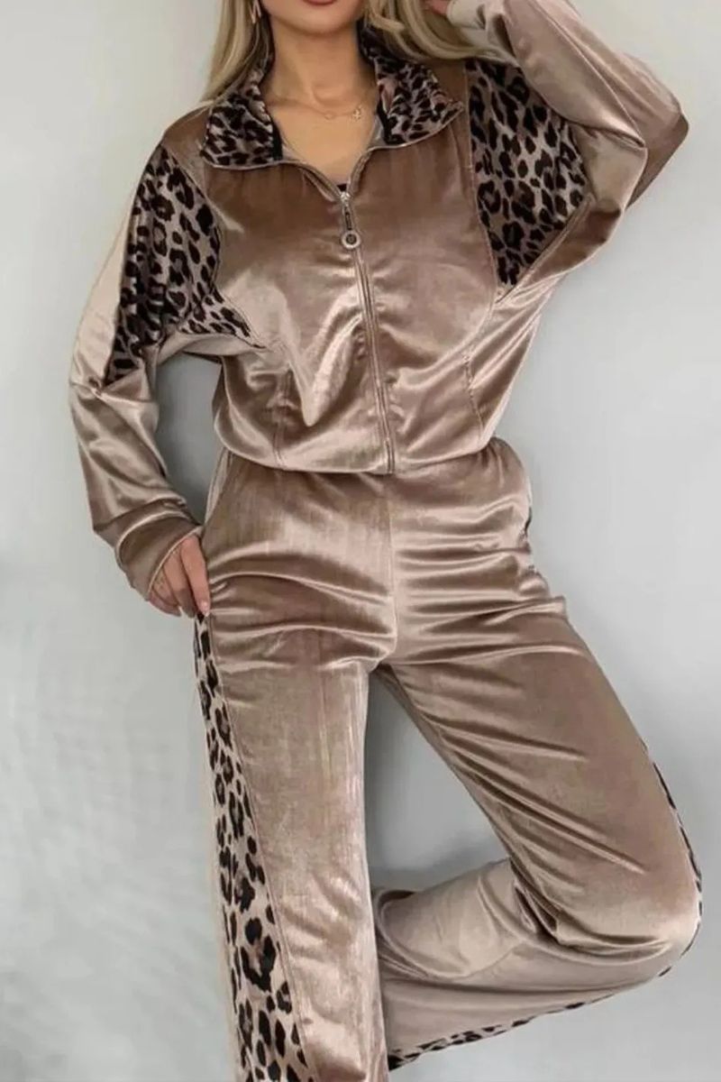 Dameskleding Luipaardprint Contrastbroek Lange mouwen Thuiskleding Pak_voghion.com