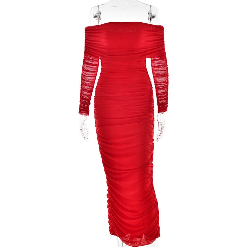 Damenbekleidung Neues Mesh-Kleid mit einer Schulter und Plissee, schlanker, langärmliger, hüftgewickelter langer Rock für Damen_voghion.com