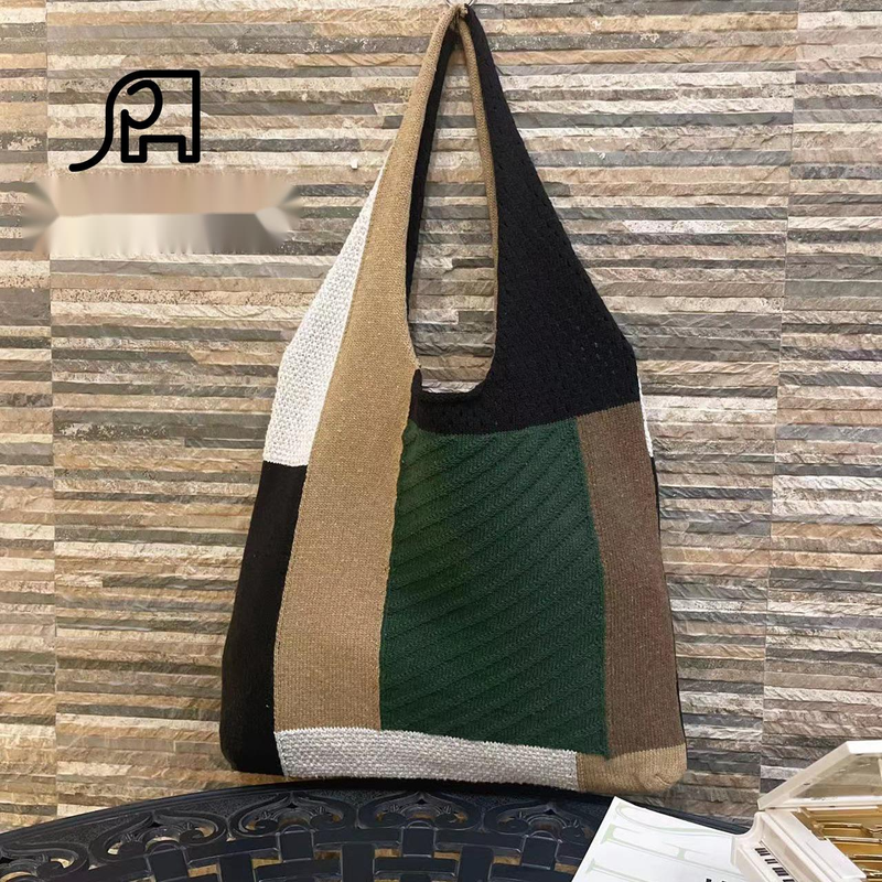 2024 New Hot Selling Simple Retro Splicing Knitted Handheld Shoulder Bag Knitted Bag Versatile Big Bag For Women_voghion.com