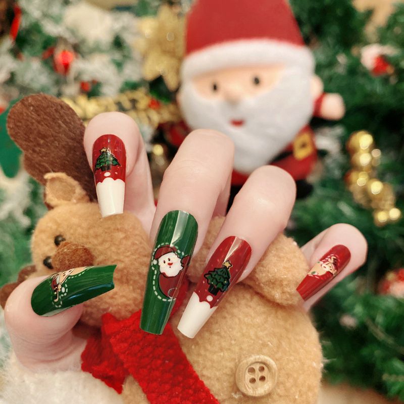 Nouveaux faux ongles de Noël à motifs de flocons de neige, de cerfs et de rennes, détachables, finitions finies, vente en gros P167_voghion.com