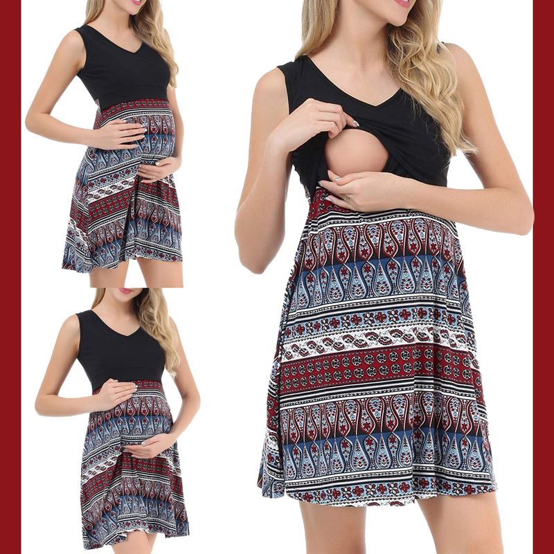 Abito premaman allattamento senza maniche con stampa Pinyin nera e scollo a V_voghion.com