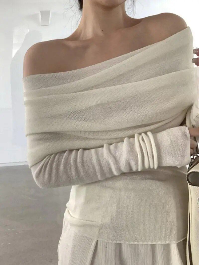 Top a maniche lunghe con spalle scoperte T-shirt a pieghe slim autunno da donna Maglione lavorato a maglia sottile casual moda femminile sexy728_voghion.com