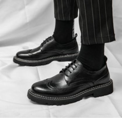 Euro Step 2025 Brogue Embossed Leather Men's British Style White And Black Two-Tone Casual Studio Photo Groom Shoes_voghion.com