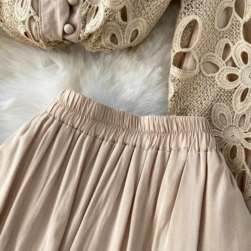 Elegante camicetta in pizzo con collo alto e gonna patchwork attillata – Completo sofisticato in due pezzi per donna_voghion.com