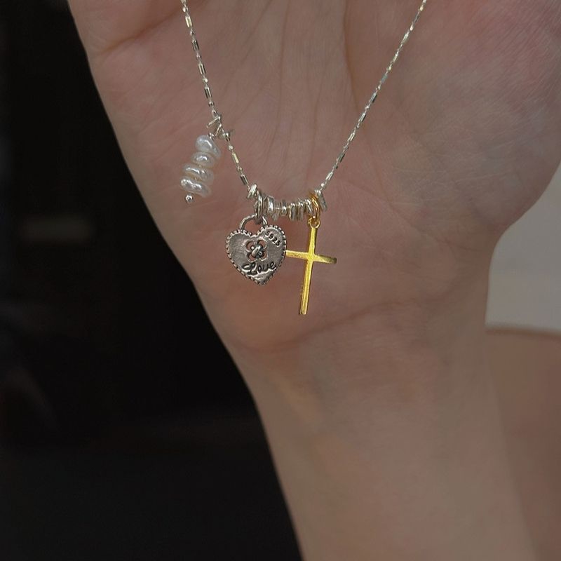 Yinsi/Chinese Ancient Style Broken Cross Heart Necklace S Pure Silver Layered Niche Gift_voghion.com