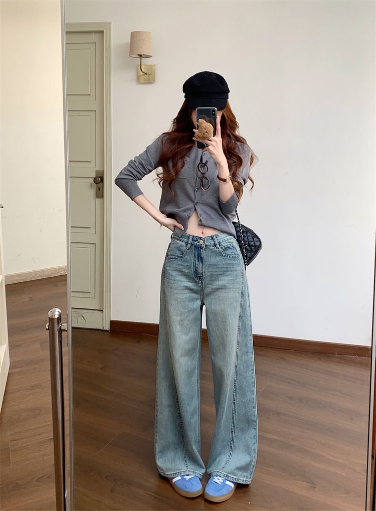 Weite Jeans im Frühlingsstil für Damen, neue hoch taillierte, gerade Beine mit hängendem Griff, bodenlange Hose_voghion.com