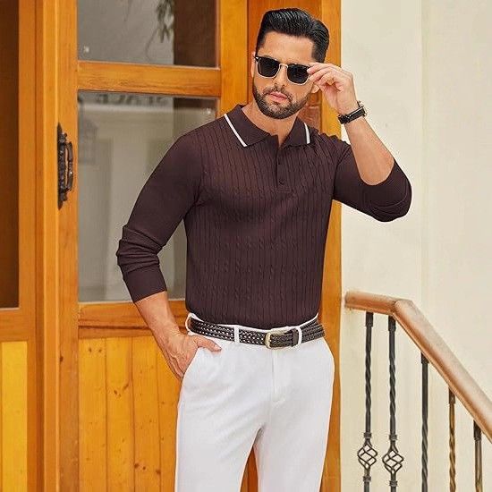 Men’s Textured Knit Sweater – Autumn Loose-Fit Crewneck Pullover With Jacquard Pattern (S-XXL, Moisture-Wicking, Black/Brown/Green, Business Casual)_voghion.com