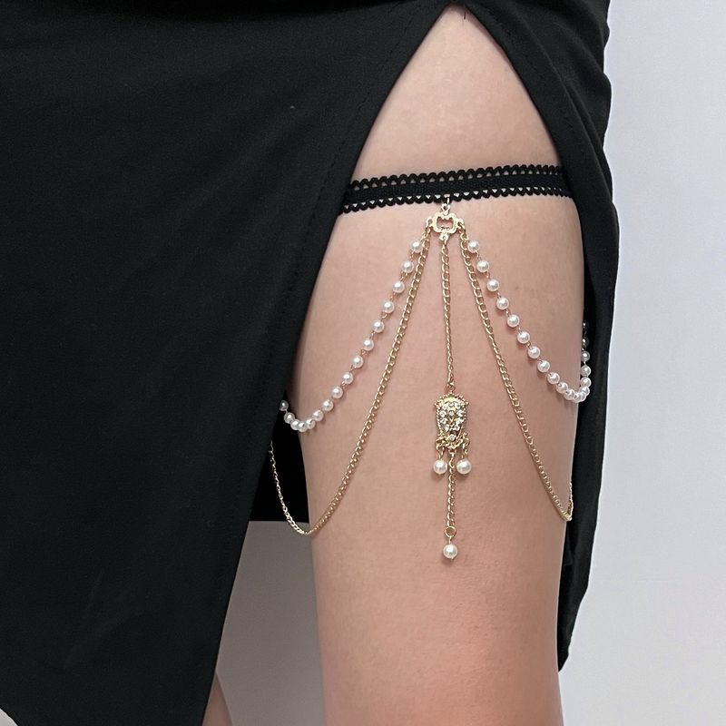 Strand elastische mehrschichtige Perle Oberschenkel für Frauen trendige Strass Bein Quaste geometrische Körperkette_voghion.com