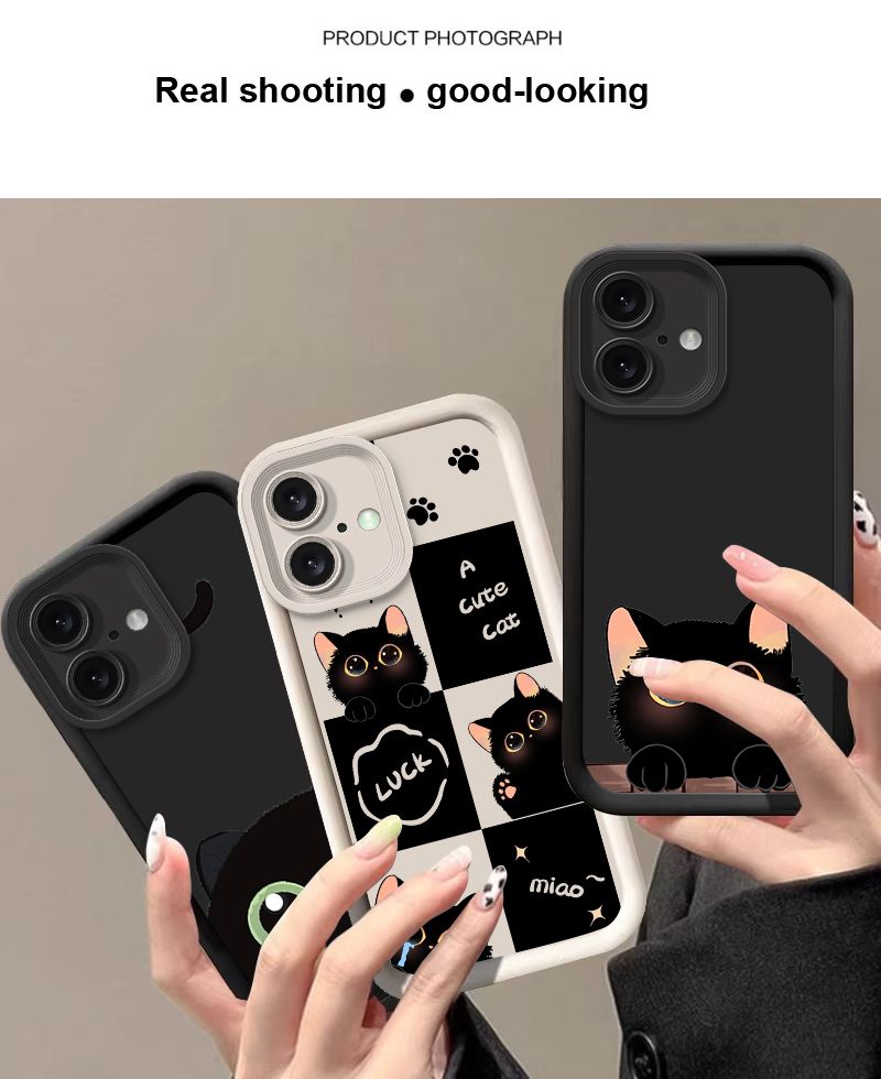 Silikonska maskica s crtanim mačićem za iPhone 16 11 13 14 12 Pro Max 15 Plus SE 2020 X XR XS Max 8 7 Plus Mini crna_voghion.com