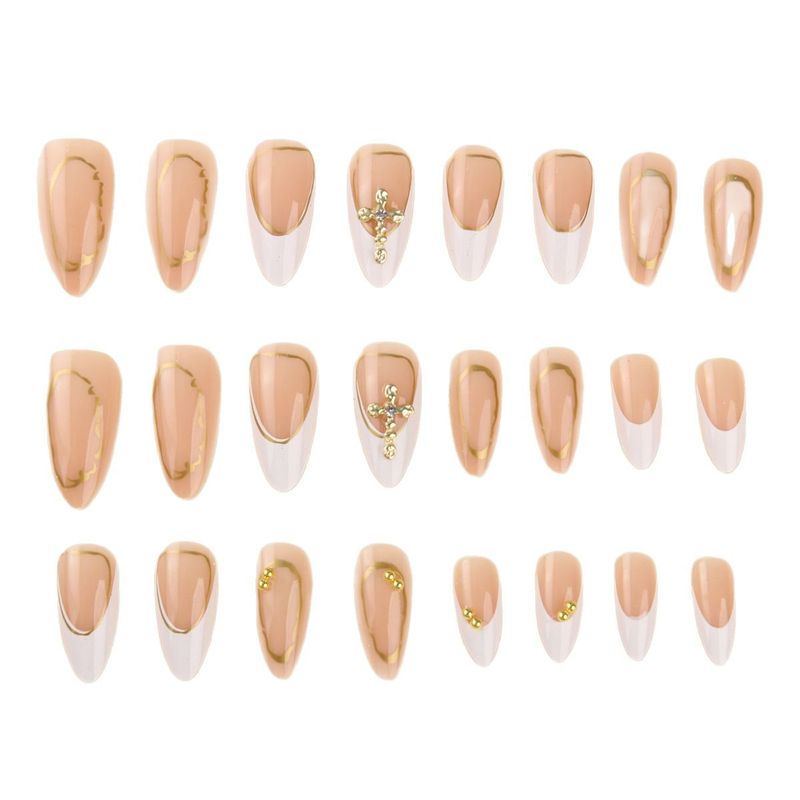 False Nails Wearable Nails White French Point Diamond Nail Art Simple Advanced False Nails Gold Line Classic Nail Tips_voghion.com