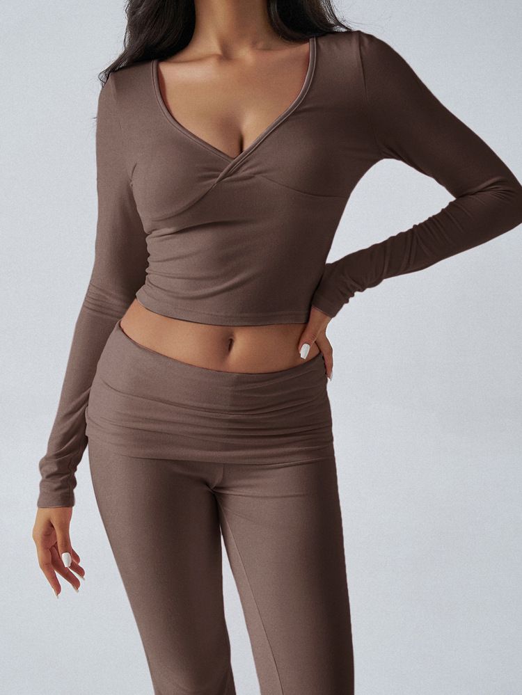 KaiKuo 2024 Automne Hiver Femmes Y2K Décontracté Sport Style Couleur Unie Haut Pantalon Évasé Ensemble 2 Pièces_voghion.com