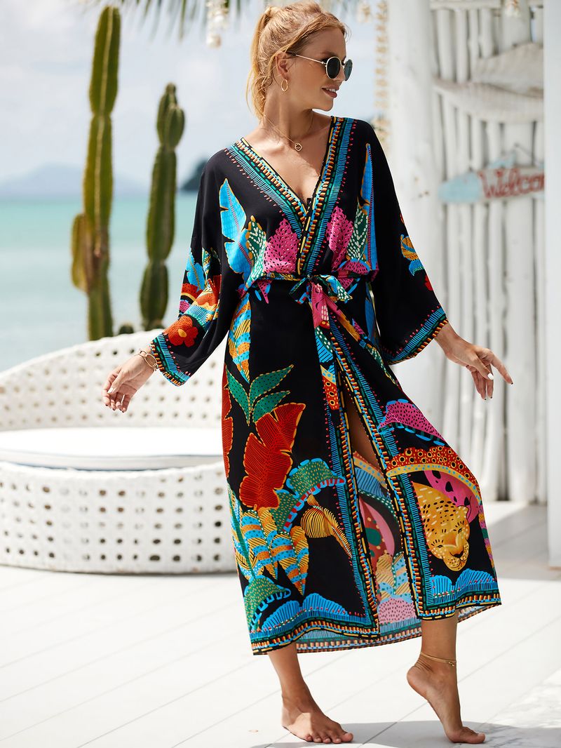 Women's Beach cover-up rayon positioning printed cardigan holiday sun protection shirt _voghion.com