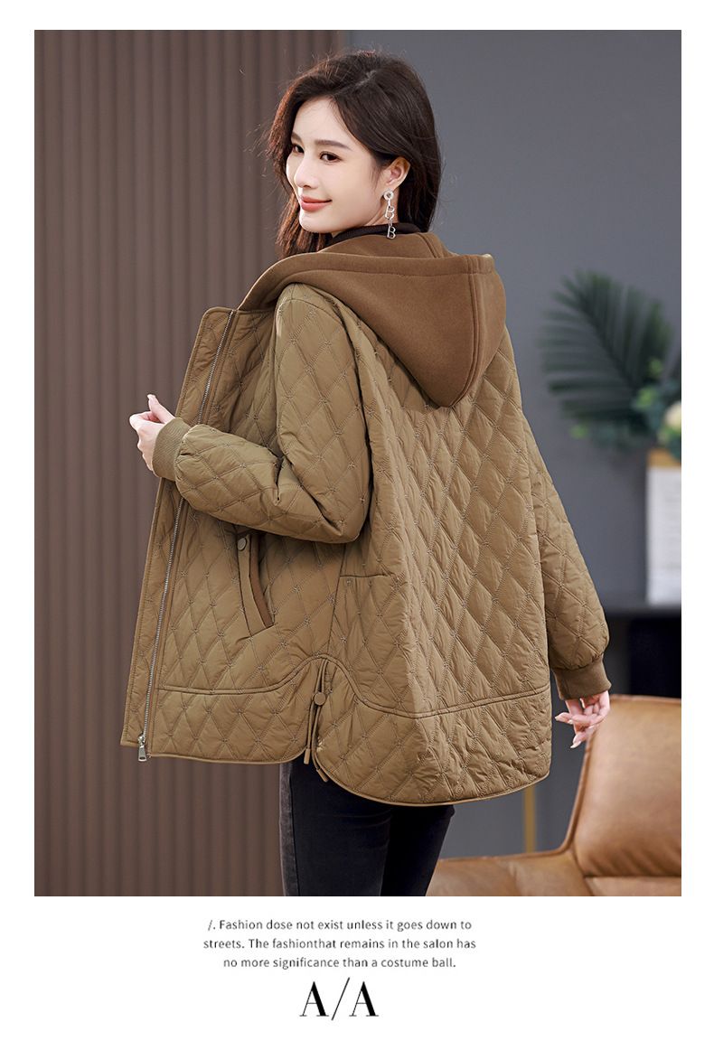 Damen Steppjacke neuer Stil mittellang modischer West-Stil Raute lässig dünner Baumwollmantel_voghion.com