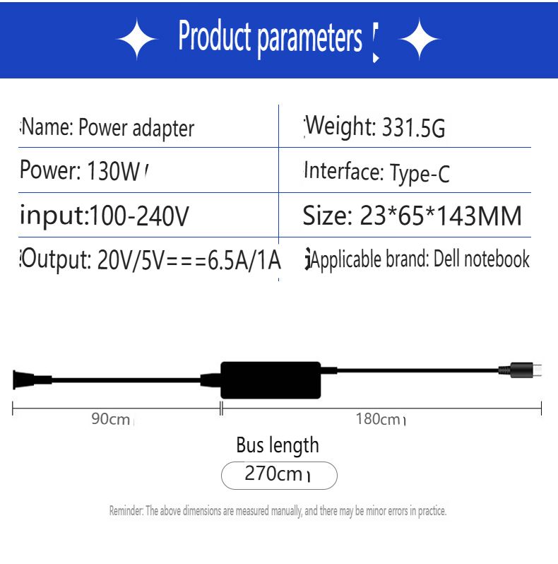 Caricabatterie rapido USB-C PD da 130 W adatto per laptop Dell e altri - Adattatore di alimentazione 20 V 6,5 A_voghion.com