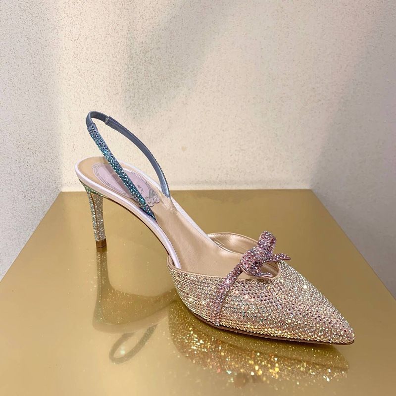Women's Summer New Water Diamond Pointed Headed Sandals with Thin Hollow Elastic Band, High Heels, Wedding Shoes,_voghion.com