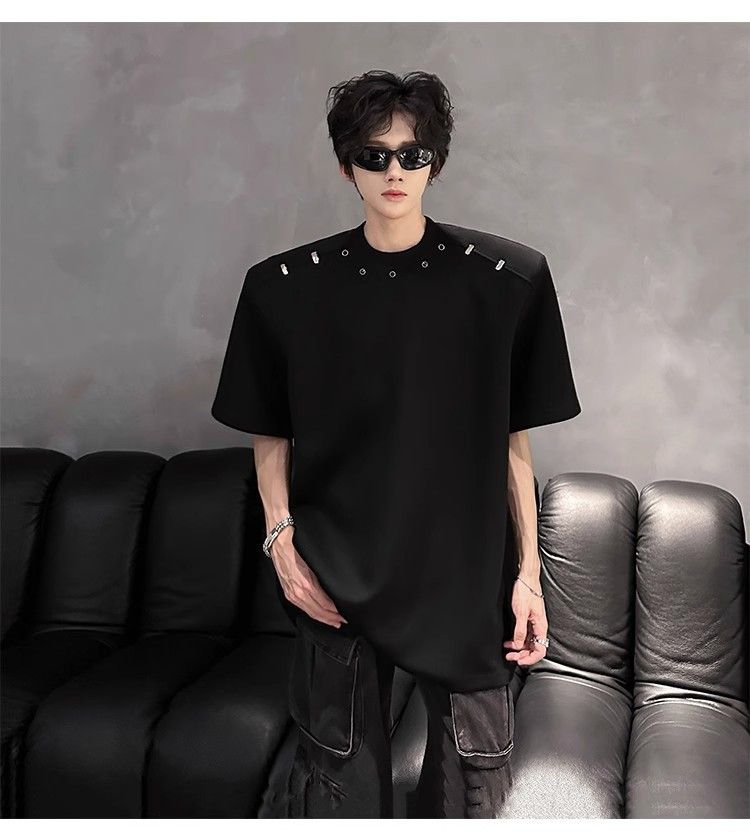 American High Street Short T-Shirt For Men Summer Trendy Loose Fit High-End Feel Padded Shoulder Versatile Five-Quarter_voghion.com