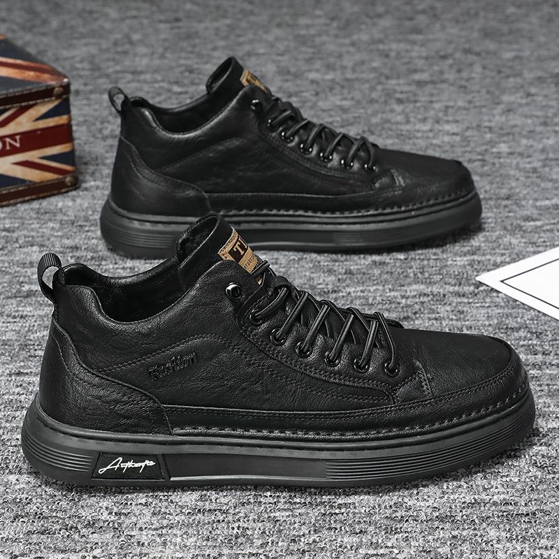 Lente Nieuwe Ademende en Antislip Chef Herenmode Veelzijdige Zwarte Leren Werk Casual Board Schoenen_voghion.com