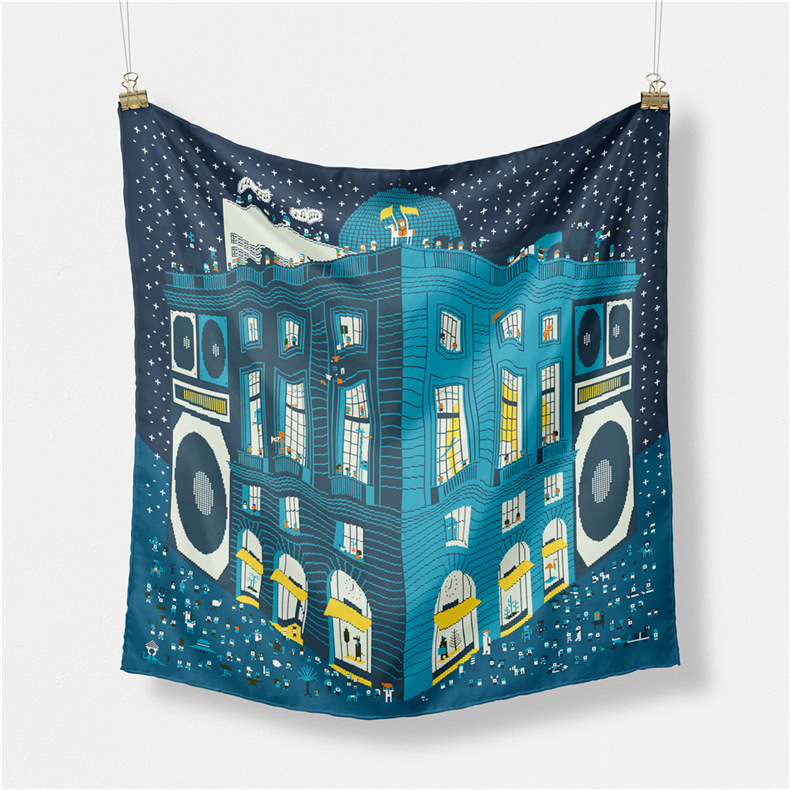 2024 Autumn/Winter New Building Printed Women's Small Square Fashion Simulation Silk Scarf_voghion.com