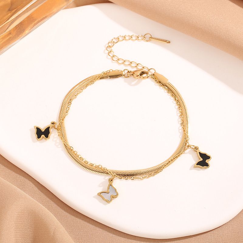 Double Layer Butterfly Snake Bone Chain Bracelet - Japanese & Korean Style Titanium Steel Jewelry (No Fading, Anti-Allergic)_voghion.com
