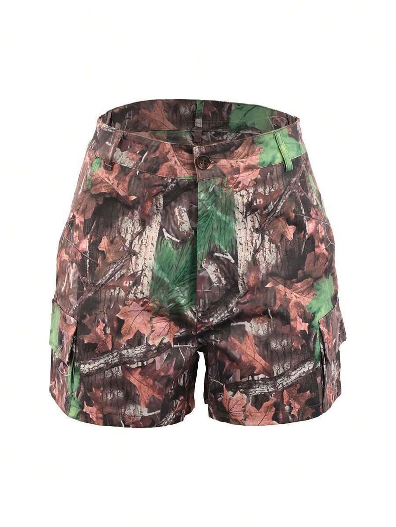 Vêtements pour femmes, short de travail à imprimé camouflage avec poches plaquées et coutures_voghion.com