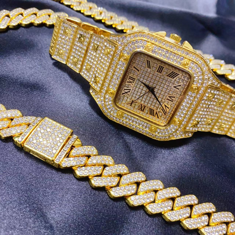 3PC Hip Hop Uhr Halskette Armband Schmuck Set für Männer Bling Gold Silber Diamant Iced Out Box Kubanische Kette relogio_voghion.com