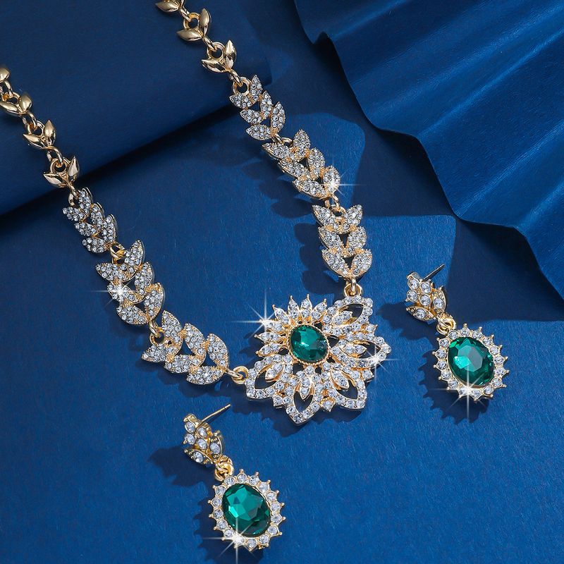 Luxury flower jewelry set, tassel alloy leaf geometric droplet earrings necklace, women's necklace_voghion.com