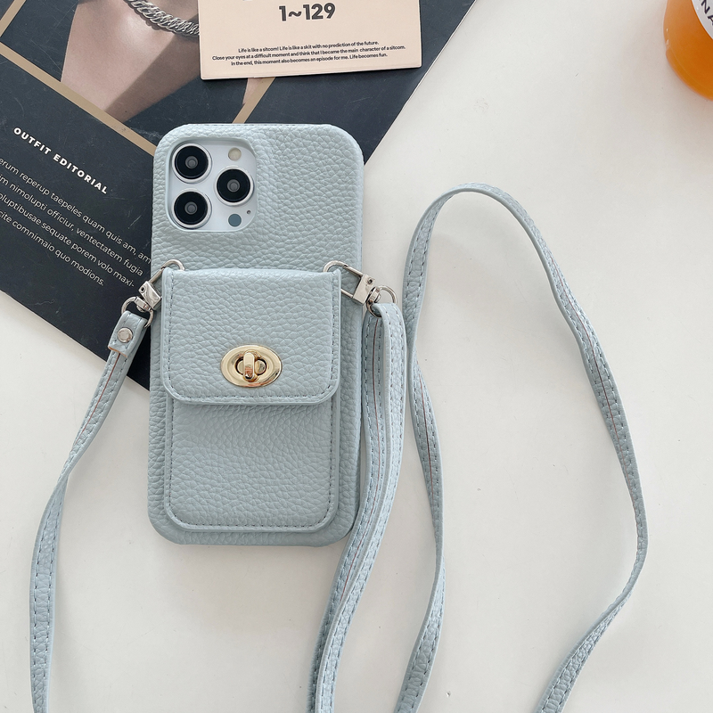 Mobile phone case lock card holder diagonally suitable for Apple 15pro max mobile phone case iPhone14 pebbled pattern protective cover_voghion.com