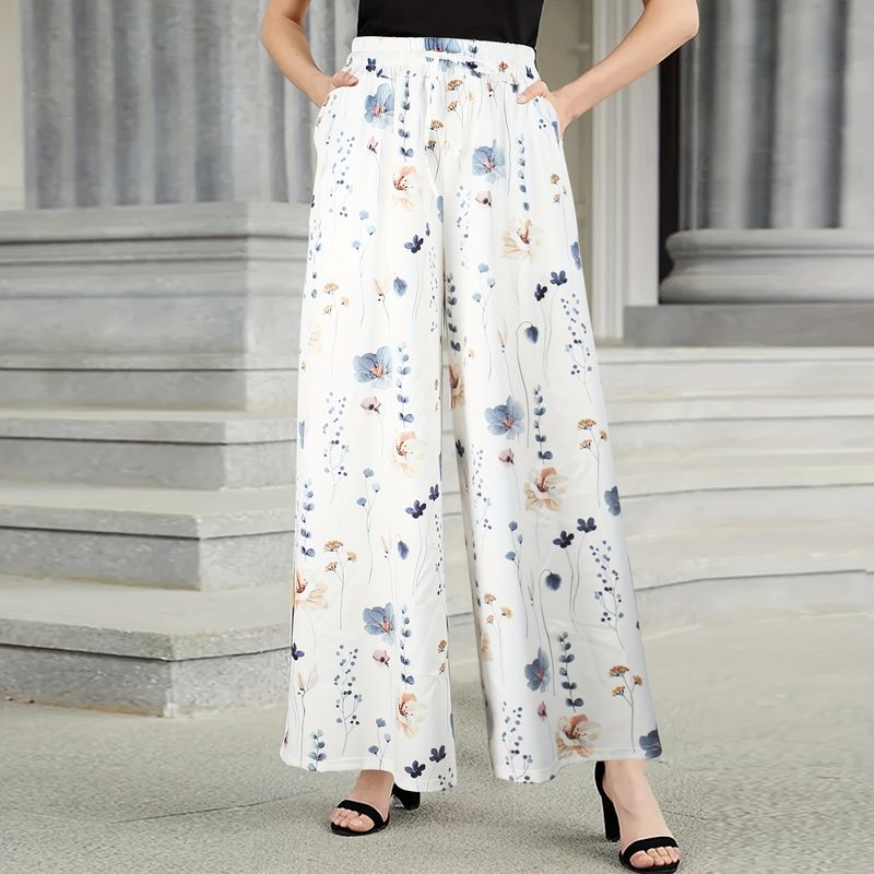 Lässige, lockere Hose mit Blumenmuster für Damen im Frühling und Herbst mit Taschen, elastischer Taille und weitem Bein_voghion.com