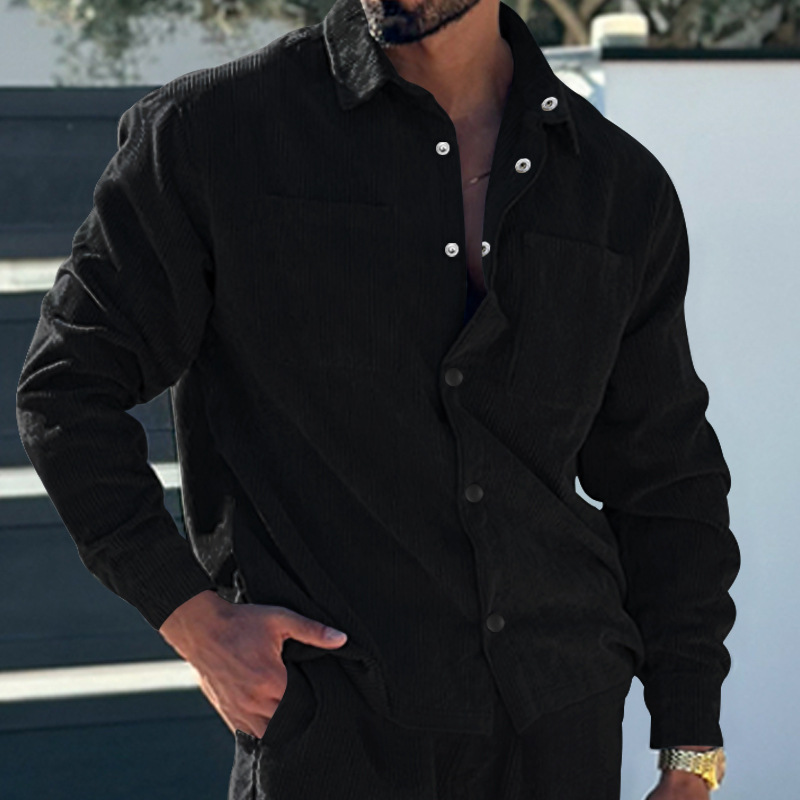 Cardigan da uomo slim fit, in velluto a coste, multitasche, casual, taglie forti, tinta unita, 2023_voghion.com
