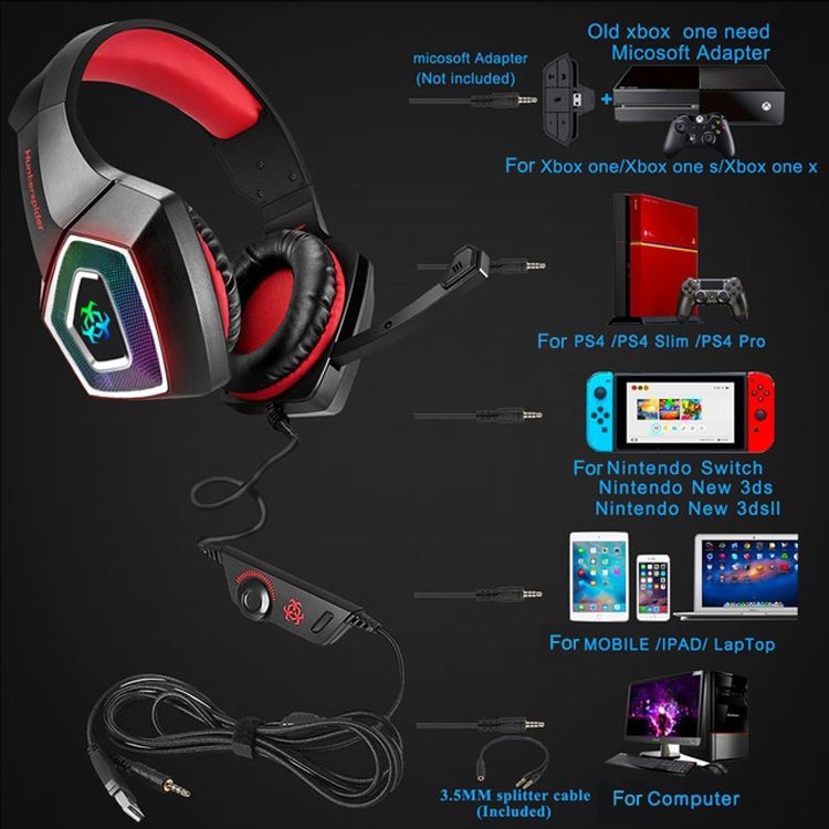 V1 3,5 mm RGB fargerikt lysende ledningsstyrt spillheadset, kabellengde: 2,2 m (svart rød)_voghion.com