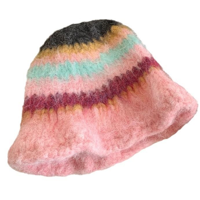 Dopamine color blocked striped plush knitted fisherman for women, 2024 autumn and winter warm woolen hat, big head_voghion.com