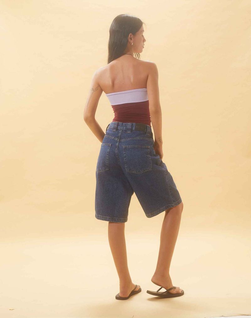 Pantaloni Capri a vita media in denim lavato vintage per donna - Comodi pantaloncini casual a gamba dritta (S-XXL, blu classico/nero)_voghion.com