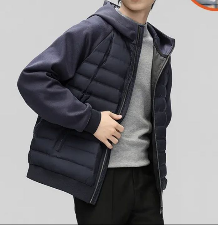 Stable goose down+warm men's hooded lightweight hoodie down jacket 2024 winter new item splicing_voghion.com