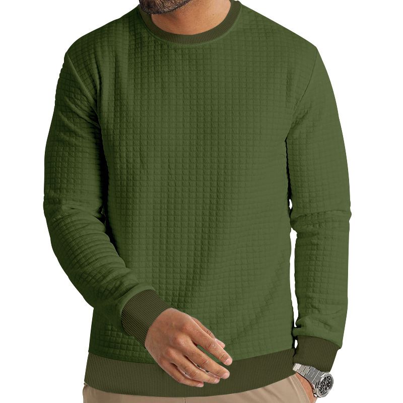 Men's Spring And Autumn Winter Waffle Round Neck Long Sleeved T Shirt Men's Small Square Casual Bottom_voghion.com