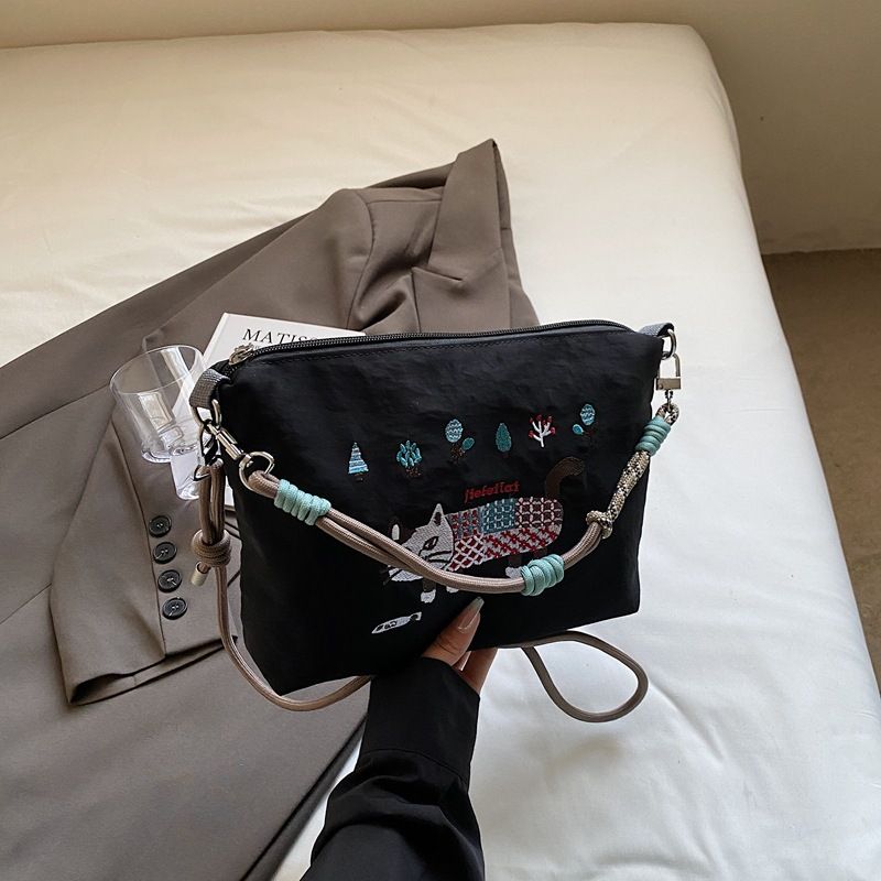 Heavy Embroidered Cat Nylon Tote For Women, Casual Outdoor Commuter Crossbody Bag, Versatile Shoulder Bag_voghion.com
