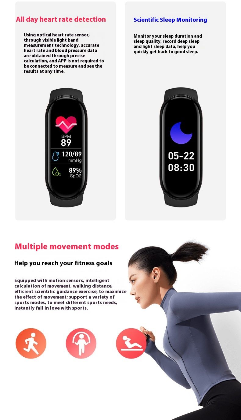 M8 Smart Armband Übungsmesser Schritt Bluetooth Herzfrequenz Blutdruck Blutsauerstoff Gesundheitsüberwachung Übungsarmband_voghion.com