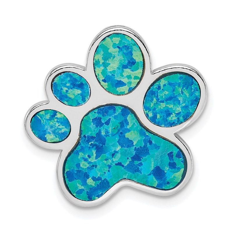Sterling Silver Rhodium-plated Created Opal Inlay Paw Print Chain Slide_voghion.com