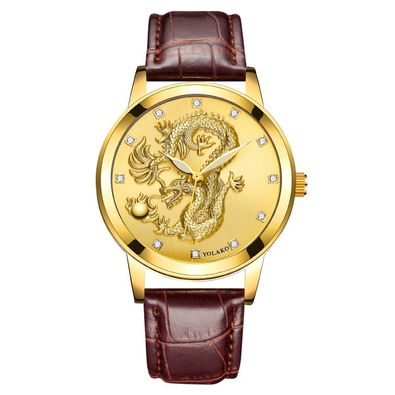 Chinese Style Fashion Diamond-Encrusted Waterproof Dragon Pattern Men's Leather Strap Quartz Watch_voghion.com