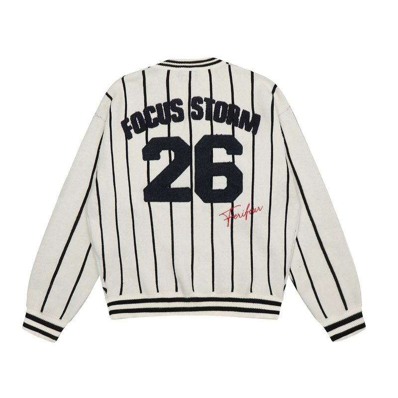 American Trendy Brand Flocking Embroidery Contrast Color Vertical Stripes V-Neck Men's Loose Lazy Sports Style Knitted_voghion.com