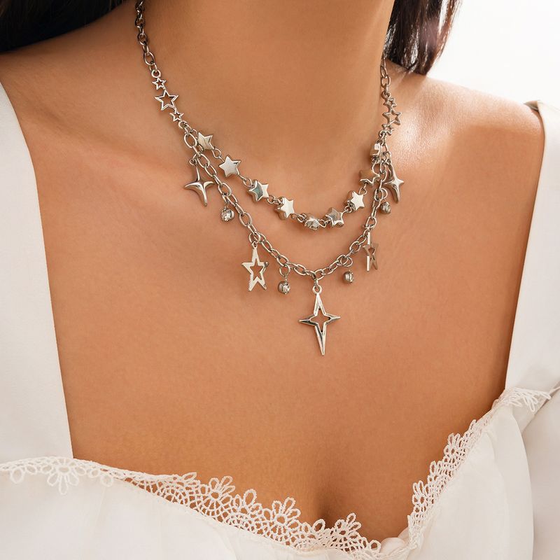 Sweet And Cool Five Pointed Star Pendant Collarbone Chain, Personalized And Simple, Double-layer Spliced Alloy Necklace_voghion.com